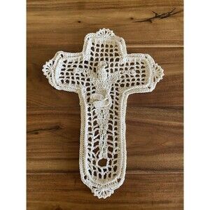 Rare Handmade Crocheted 3D The Cross Doily Filet 100% Cotton Ecru
